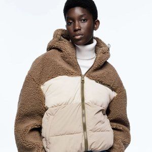 New Zara COMBINATION PUFFER JACKET TAUPE BROWN